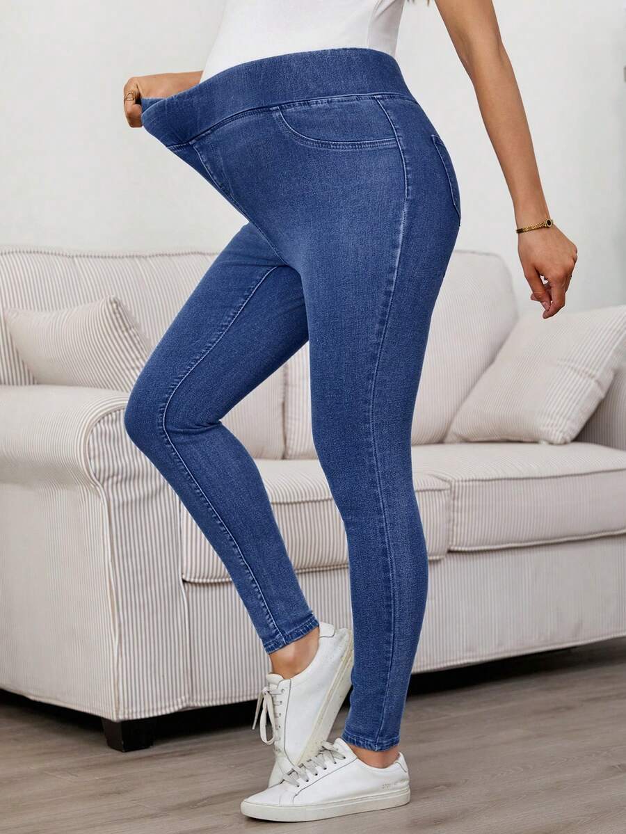 SHEIN Quần jean denim dáng rộng không đối xứng có túi dành cho bà bầu, thích hợp mặc hàng ngày từ mùa xuân đến mùa hè, phù hợp cho ngày Valentine, lễ hội, đi làm, nghỉ mát, tốt nghiệp, phong cách Y2K, dễ thương, thời trang đường phố, dự tiệc, đám cưới, thanh lịch, công sở, thường ngày. Quần jean skinny màu xanh dương dành cho bà bầu, có chun co giãn, cạp cao che bụng, quần jean denim cho bà bầu. - Màu xanh lam - Xem 1