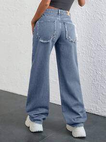 EURMUSE 低腰复古水洗直筒牛仔裤 - 淺藍色 - 查看 2