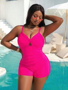 Slaydiva 大码女士纯色连体泳衣，正面扭结褶皱设计，度假装 - 玫紅色 - 查看 5