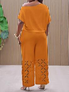Slaydiva Conjunto de dos piezas elegante, ligero y con bordado floral de hombros asimétricos para tallas grandes - Naranja - Ver 2