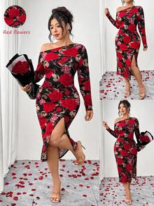 Elenzga 女士优雅浪漫不对称露肩开衩连衣裙 - 彩色 - 查看 1