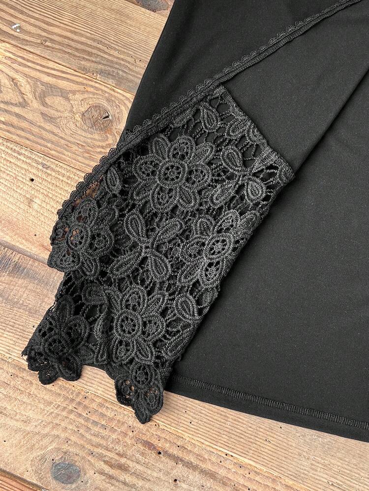 Plus Size Women Floral Lace Patchwork Long Sleeve Loose Open Front Coat For Summer/ Vacation Spring Country Style For Women Black