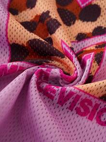 MTV | SHEIN 女童夏季休闲网眼拼接豹纹字母V领短袖T恤 - 粉色 - 查看 7