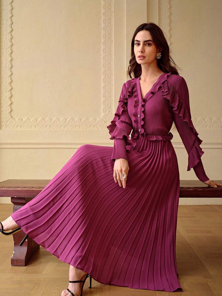 ZEYLAH V-Neck Long Sleeve Ruffle Pleated Midi Dress - Purple - View 1