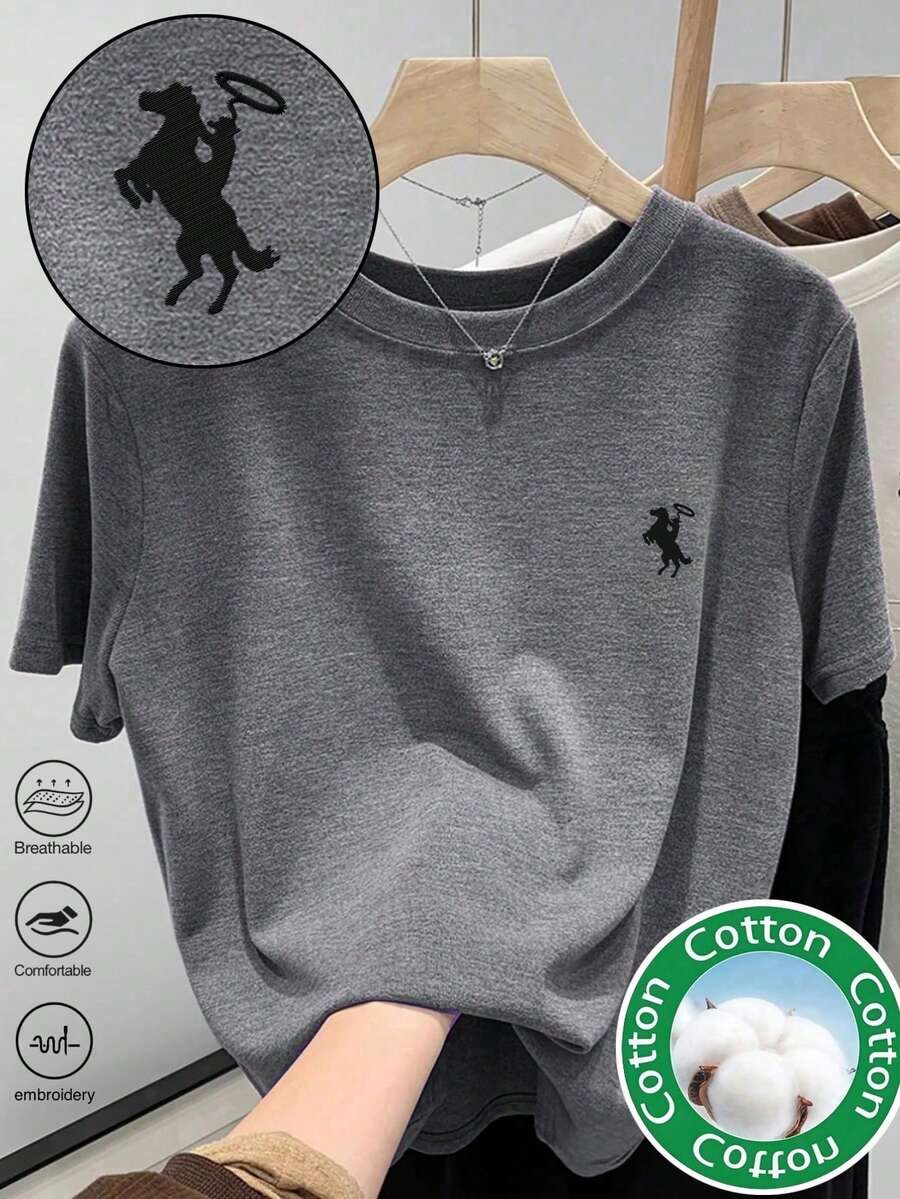 Resyla 女士圆领骑士刺绣印花T恤 - 圆领休闲上衣 - 轻薄T恤，适合所有季节 - 黑色 - 查看 1