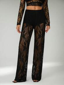 SHEIN Tall Pantalones largos de encaje transparente de unicolor para mujer, pantalones de moda, atuendos de vacaciones para mujer, pantalones transparentes de encaje, conjunto de encaje para mujer, atuendos de vacaciones para mujer - Negro - Ver 10