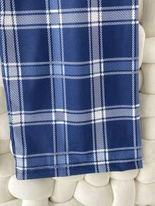 两件套时尚休闲男童套装，包括灰色短袖上衣和复古蓝色格子宽松直筒裤，家居服 - 彩色 - 查看 3