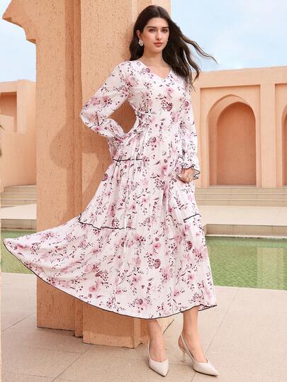 Graceveil V-Neck Elegant Printed Contrast Trim Waist Tie Arabic Style Dress For Women