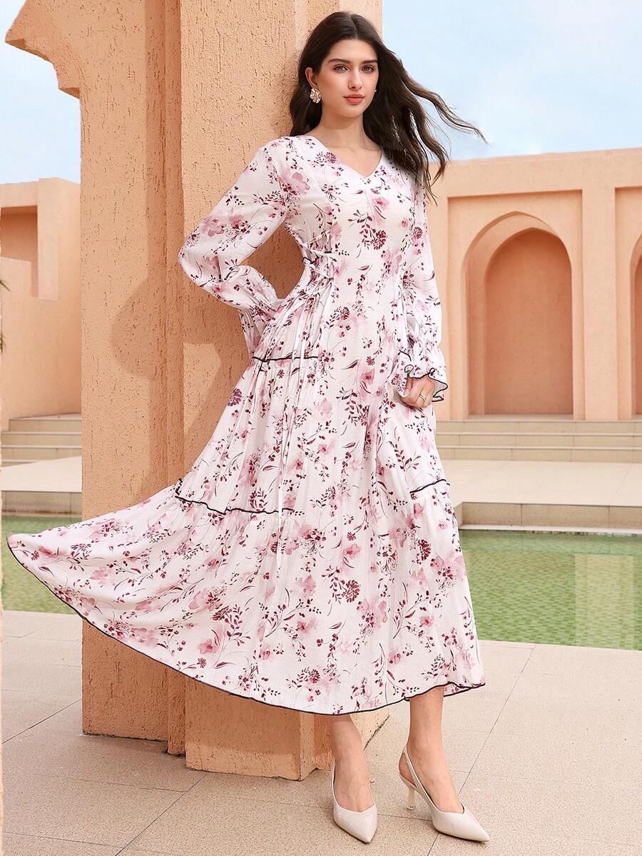 Graceveil V领优雅印花撞色滚边腰带阿拉伯风格女式连衣裙 - 彩色 - 查看 1