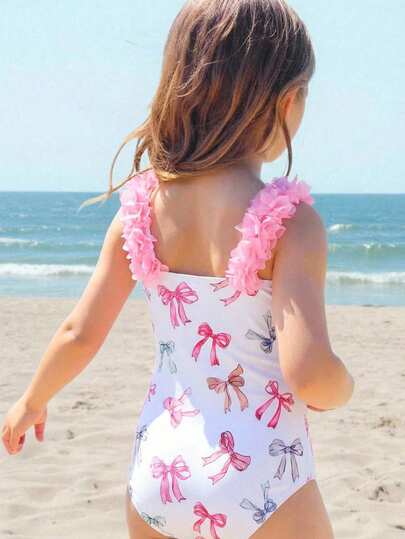 Traje de baño de una pieza con decoración de flor 3D y lazo colorido y lindo para niña