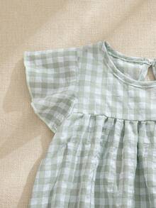 Souflis Souflis 女嬰新生兒0-3歲綠白格紋洋裝，夏季可愛甜美荷葉袖優雅復古度假野餐休閒百搭套裝 - 彩色 - 查看 10