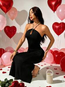 Rafferiza Đầm dự tiệc cocktail hở lưng đính ngọc trai cho nữ - màu đen - Xem 4