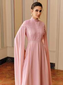 Anewsta Women's Elegant Lace Patchwork Dress With Waist Cinching Design, Sheer Fabric - Pink - View 4