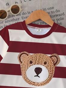 一套幼儿男童休闲可爱条纹卡通熊印花短袖T恤和短裤套装，适合夏季外出穿着 - 彩色 - 查看 4