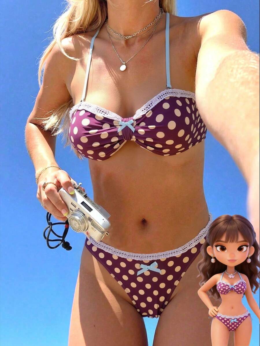 Swim Mod 女士两件套浪漫度假性感时尚无肩带蝴蝶结前系带高腰紫色波点印花比基尼泳衣 - 彩色 - 查看 1