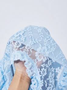 SHEIN 少女圆领喇叭短袖蕾丝拼接褶皱飘逸连衣裙，适合日常或派对穿着，四季皆宜 - 藍色 - 查看 9