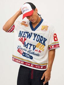MTV | SHEIN Camiseta de malla de manga corta con cuello en V y estampado de letras casual para hombre, verano - Albaricoque - Ver 6