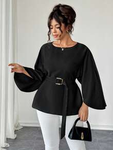 Elenzga Plus Size Women's Elegant French Style Round Neck Flowy Sleeve Self-Tie Waist Shiny Blouse, Spring/Summer/Autumn - Black - View 1