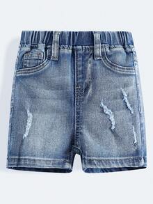 Quần short denim xanh rách, thun, dáng ôm cho bé trai. - Rửa nhẹ - Xem 1