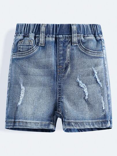 Quần short denim xanh rách, thun, dáng ôm cho bé trai.