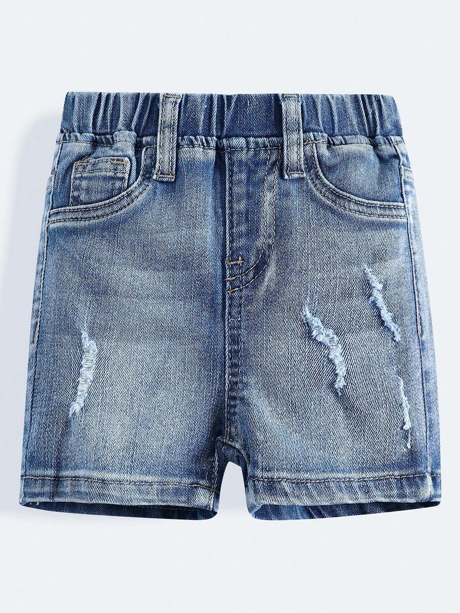 Quần short denim xanh rách, thun, dáng ôm cho bé trai. - Rửa nhẹ - Xem 1