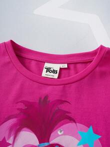 SHEIN Trolls Tween Girls' Casual Everyday Commute Cartoon Letter & Star Print Short Sleeve T-Shirt And Flare Pants Set, Spring/Summer/Autumn - Pink - View 6