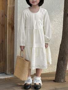 DAZY Young Girl Contrast Lace Round Neck Long Sleeve Cute Dress - Beige - View 3