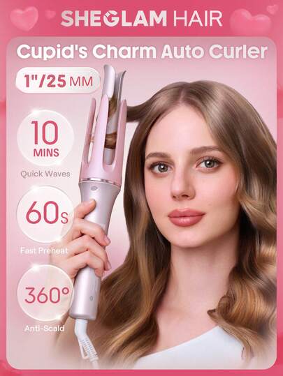 SHEGLAM HAIR Cupid's Charm automatisk locktång, automatisk locktång - 25 mm EU-kontakt, 10 minuters snabba vågor, 60 sekunders snabb förvärmning, 3 justerbara temperaturer, hjärtformad knapp, 8 sekunders smart timer, snabb automatisk lockning, förbättrar glans och skydd, lämplig för mellanlångt till långt hår
