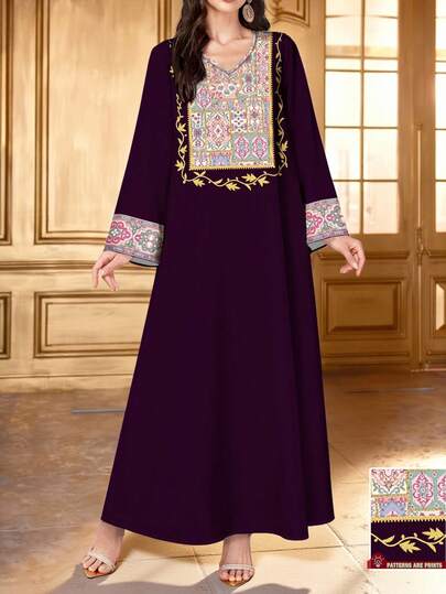 SHEIN Najma Women's Retro Floral & Plant Digital Print Deep Purple V-Neck Long Sleeve Elegant Arabic Style Dress, Suitable For Spring And Autumn