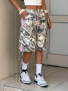 StreetHx 女士休闲时尚街头度假风印花抽绳腰带翻盖口袋宽松牛仔短裤，夏季 - 彩色 - 查看 6