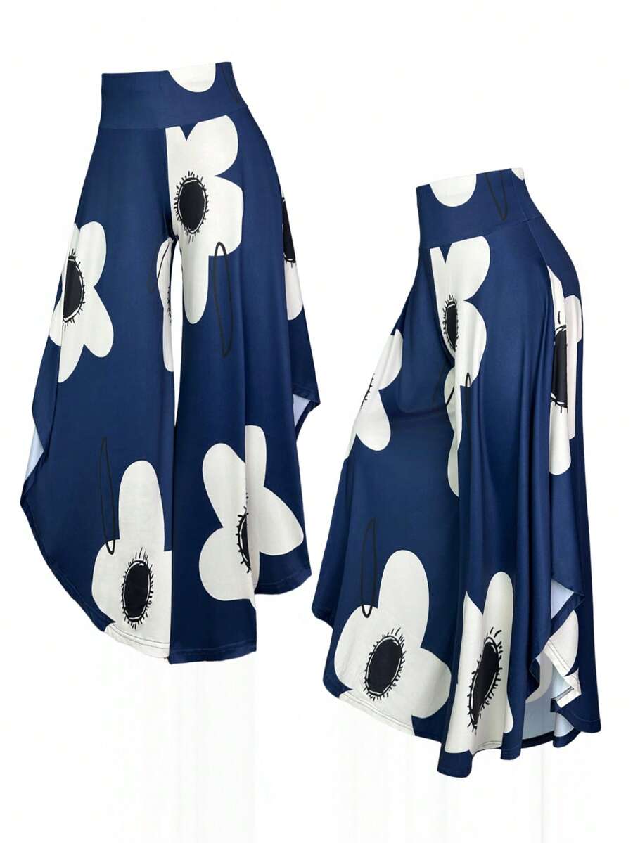 EMERY ROSE Plus Size Floral Print Asymmetric Hem Casual Wide Leg Pants - Multicolor - View 1