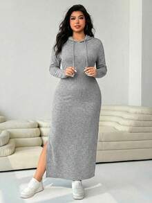 Solflare Vestido casual con capucha y cordón para mujer talla grande, color gris claro, para otoño - Gris Claro - Ver 5