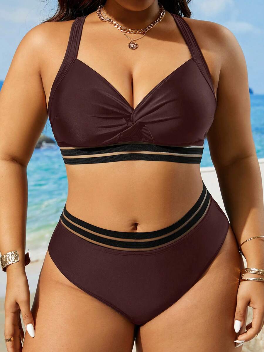Swim Lushoire Plus Size Women's Summer Beach Striped Mesh Sexy Bikini Swimsuit Set - Brown - View 1