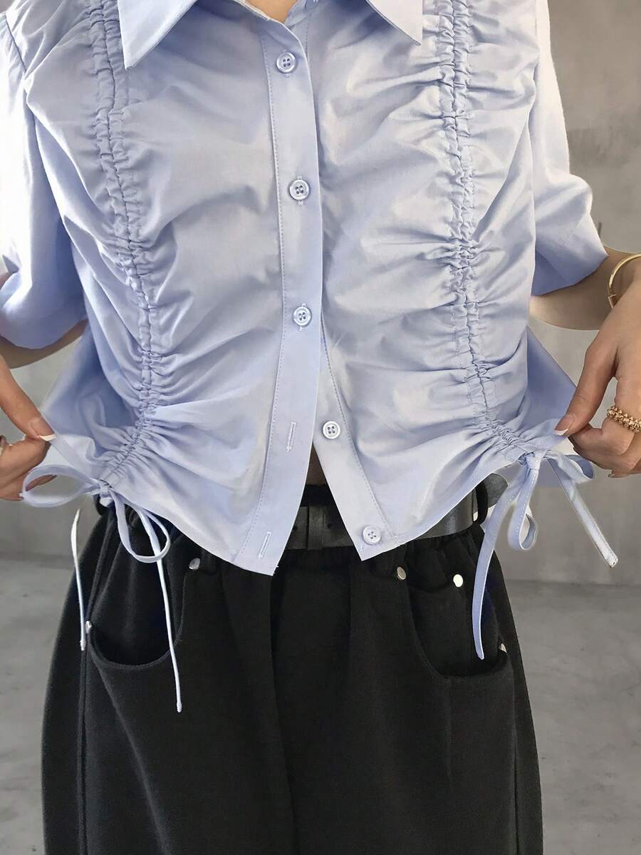 FRIFUL 女士常规翻领抽绳短袖夏季街头衬衫 - 藍色 - 查看 1