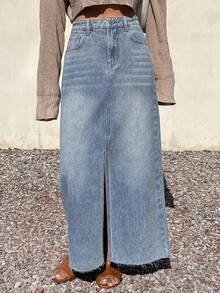 DAZY 女士休闲水洗直筒开衩牛仔A字裙，春夏款 - 藍色 - 查看 7