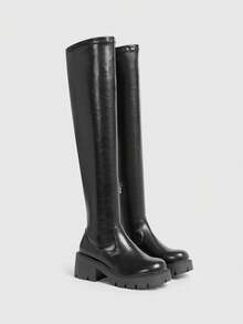 Sugerpunk 女士时尚百搭通勤厚底过膝靴 - 黑色 - 查看 2