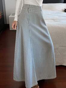 DAZY 女士腰部设计常规中腰条纹休闲牛仔裙 - 淺色水洗藍 - 查看 3