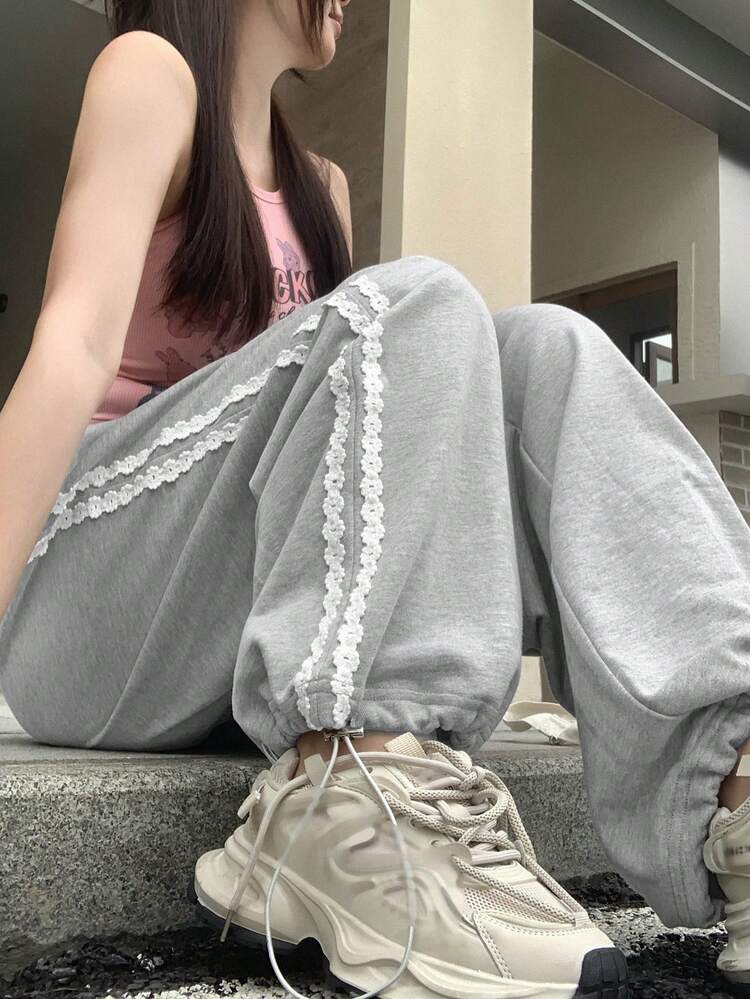 Women's Loose Fit Drawstring Weave Tape Wide Leg Pants, Long,Women Joggers Fall Sweatpants