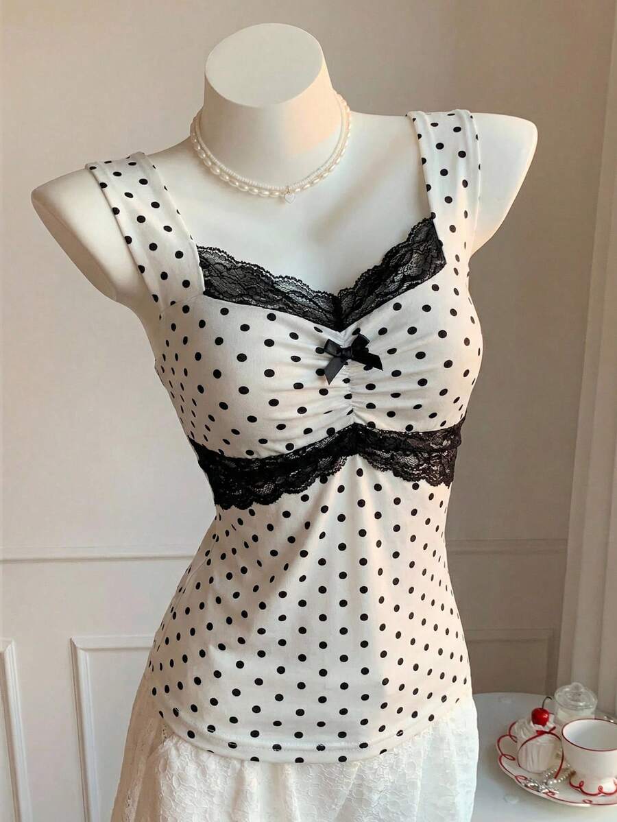 SHEIN EZwear Áo hai dây ren chấm bi trắng, thích hợp cho mùa xuân/hè. - trắng - Xem 1
