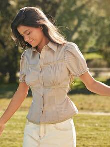 WESTFADE Striped Woven & Lace Collared Button Front Short Puff Sleeve Tie Back Fitted Top - Brown - View 4
