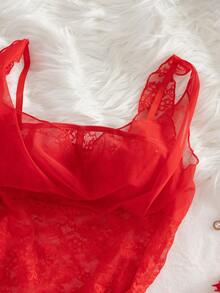 2件套网纱撞色蕾丝性感蝴蝶结内衣套装 - 紅色 - 查看 9