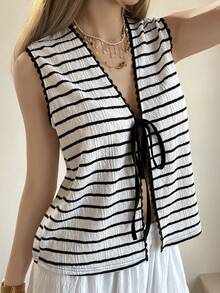 DAZY Frühlings- und Sommer-Damen-Tanktop im lässigen Urlaubsstil mit Hohlspitze-Patchwork, schwarz-weißen Streifen, Kontrastfarben und Vorderbindung, ärmellos und locker geschnitten - Schwarz und Weiss - Übersicht 2