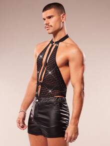 FeverCity 男士性感透视格子网眼水钻装饰镂空露背吊带连体衣