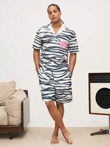 MTV | SHEIN Herren Sommer Zebra Muster Hemd mit Kragen und Shorts Loungewear Set - Schwarz und Weiss - Übersicht 7