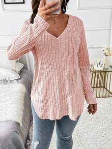EMERY ROSE 大码女式纯色罗纹针织 V 领宽松长袖休闲 T 恤 - 粉色 - 查看 7