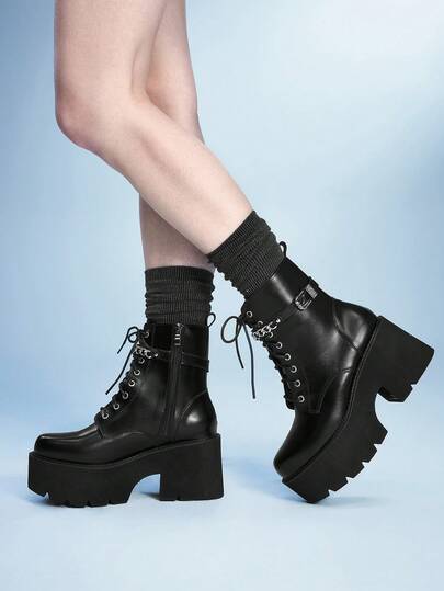 Sugerpunk Botas de tobillo de tacón grueso con puntera redonda y estilo vintage punk para mujeres, botines de plataforma gótica con cuña para fiestas en discotecas, botas de combate cómodas