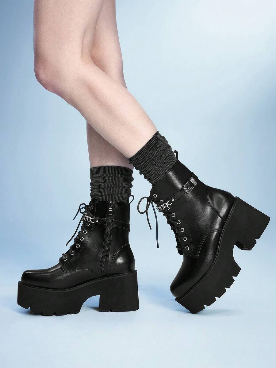 Sugerpunk Giày bốt nữ cổ thấp kiểu punk cổ điển, mũi tròn, gót dày, bốt đế xuồng phong cách Gothic cho các bữa tiệc đêm, bốt chiến đấu thoải mái. - màu đen - Xem 1