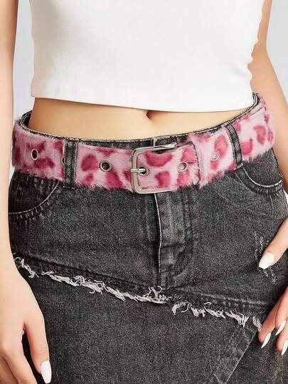 Grunge Punk 1 Punk Pink Leopard Print Belt, Retro Y2K Fashion Furry Square Buckle Leather Belt, Personalized Fashional Decorative Belt