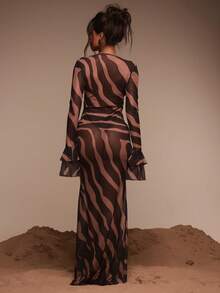 MUSERA Extreme Frill Plunge Front Ruffle Sleeves Fitted Zebra Print Beach Maxi Dress Cover Up Extreme Frill Plunge Front Ruffle Sleeves - Multicolor - View 4