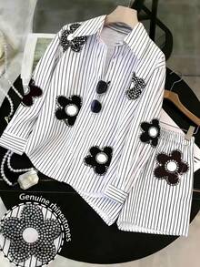 Resyla Women's Striped Rhinestone Decor Shirt And Shorts 2 Piece Set, Casual Minimalist Fashion Outfit - Multicolor - View 1